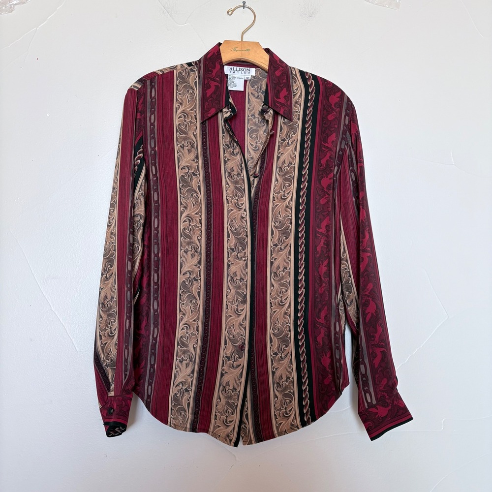 ALLISON TAYLOR Silk Baroque Button Down Long Sleeve Women's Blouse Vintage SZ M‎